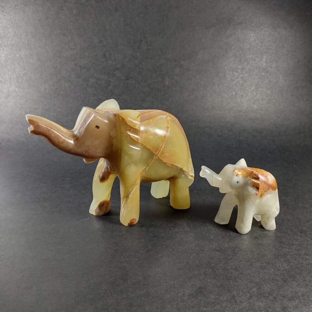 Vintage Onyx Elephants Mother & Baby Trunk Up 4.5" 2.5" Figurines, Free US Ship